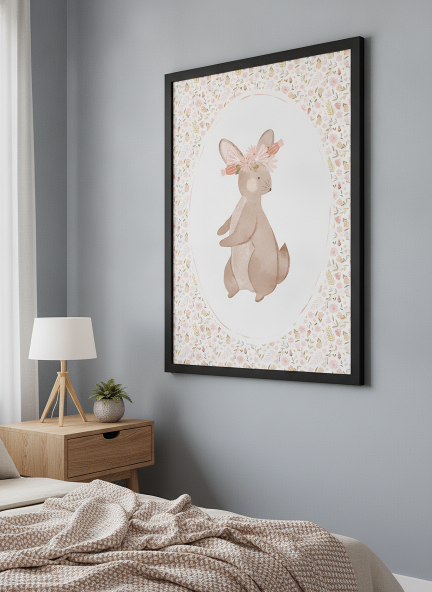 Minimalist artwork displayed in a calm, light-filled bedroom interior