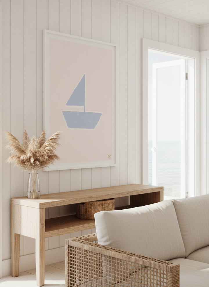 Neutral wall art displayed in a sunny coastal beach house