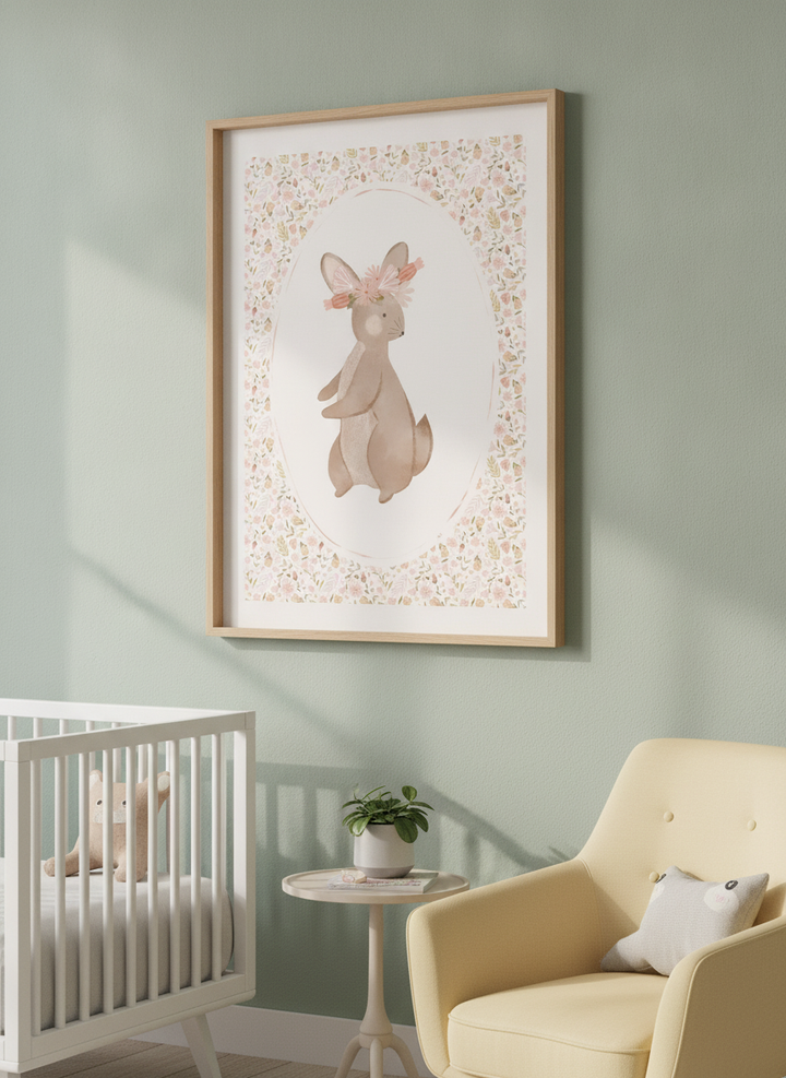 Soft neutral wall art styled in a serene nursery with pastel tones