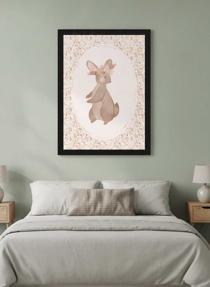 Minimalist artwork displayed in a calm, light-filled bedroom interior