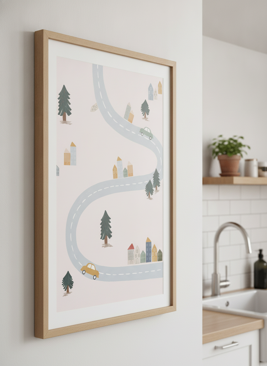 Artwork styled on the wall of a bright modern kitchen