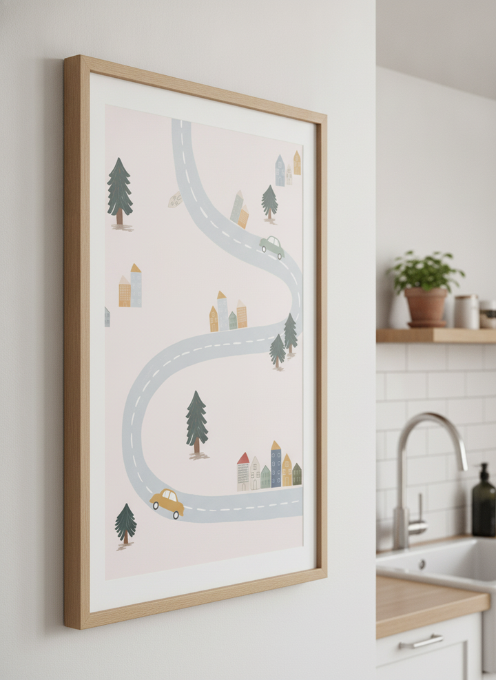 Artwork styled on the wall of a bright modern kitchen
