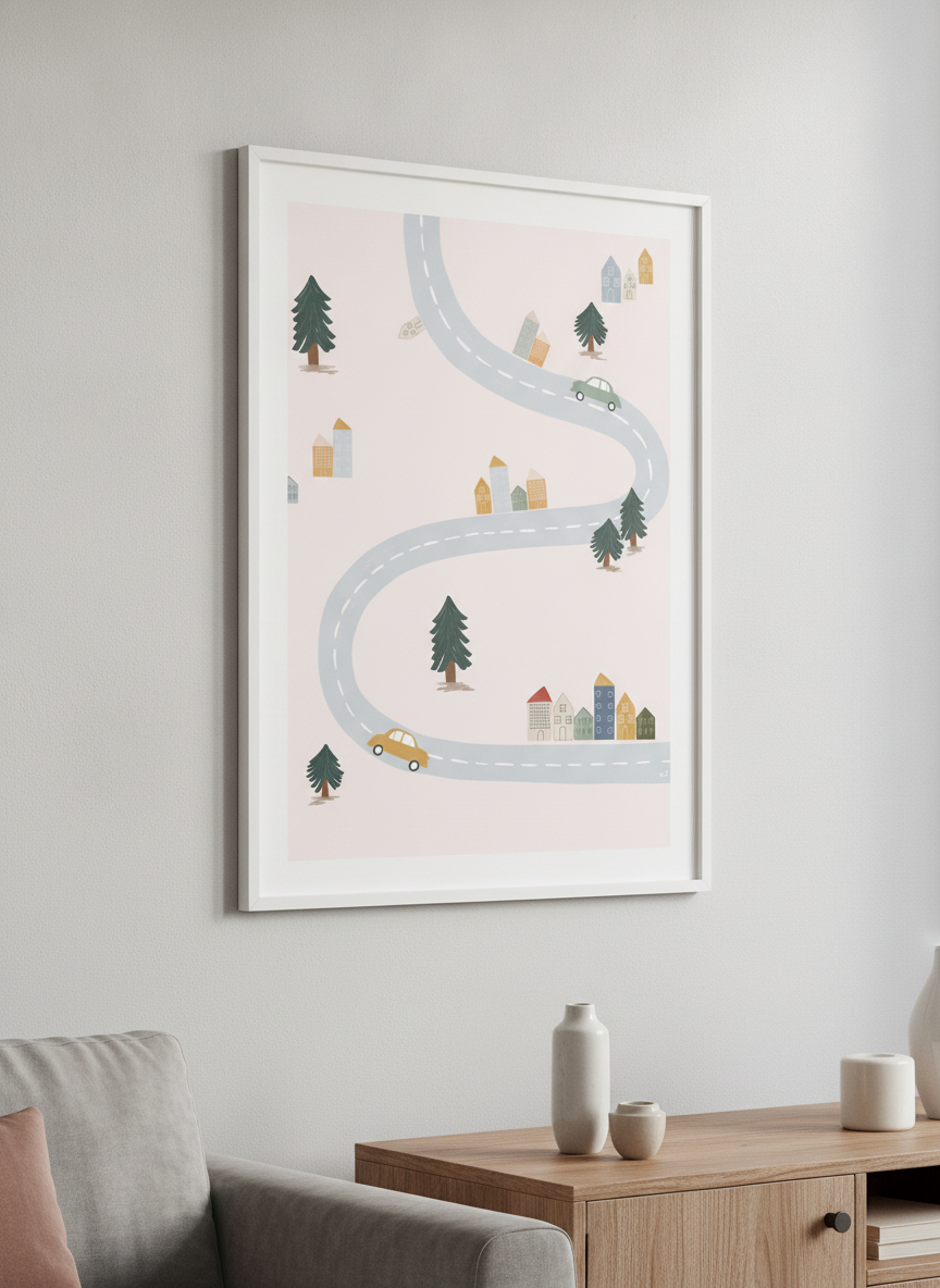 Modern wall art styled above a sofa in a neutral living room