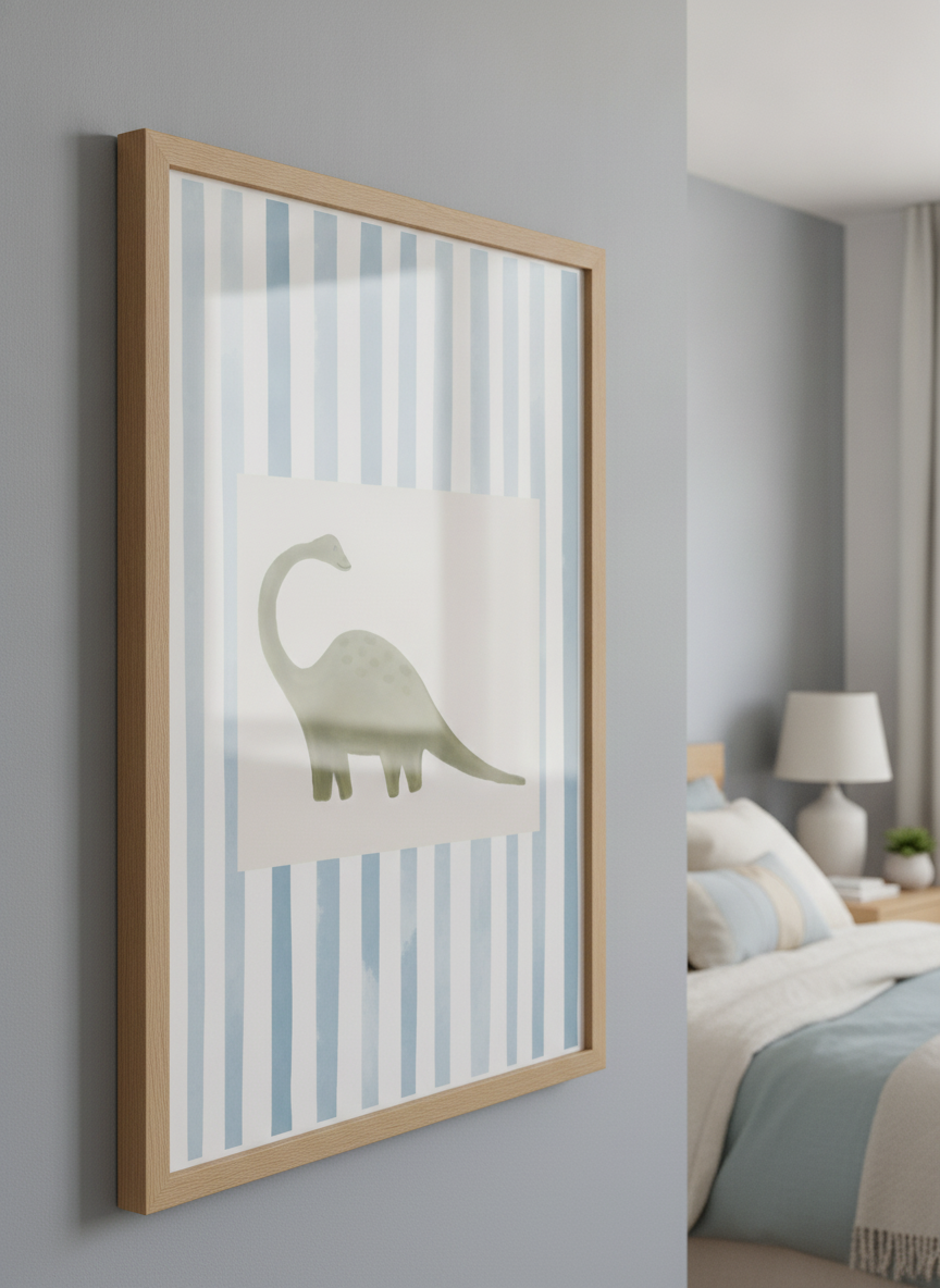 Minimalist artwork displayed in a calm, light-filled bedroom interior