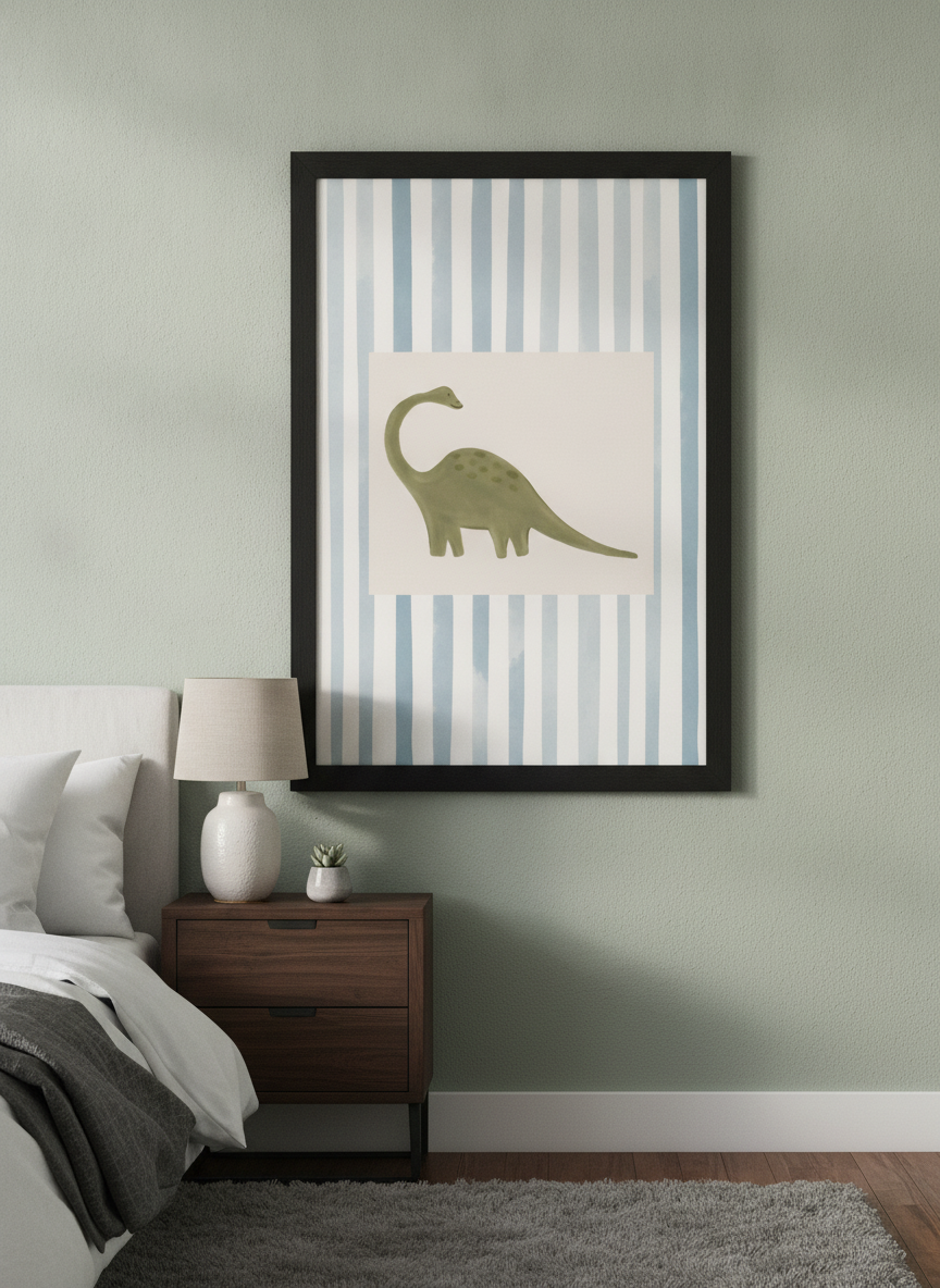 Minimalist artwork displayed in a calm, light-filled bedroom interior