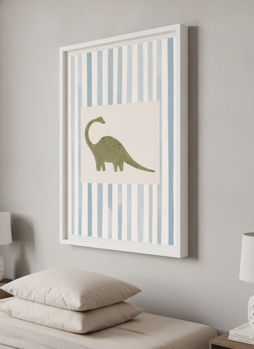 Minimalist artwork displayed in a calm, light-filled bedroom interior