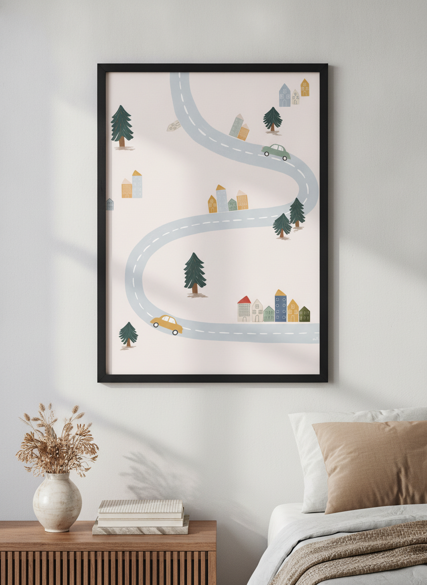 Minimalist artwork displayed in a calm, light-filled bedroom interior