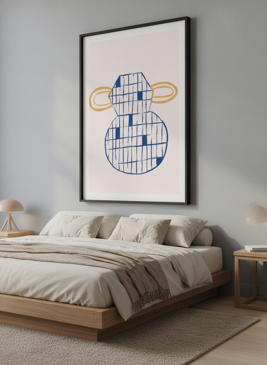 Minimalist artwork displayed in a calm, light-filled bedroom interior