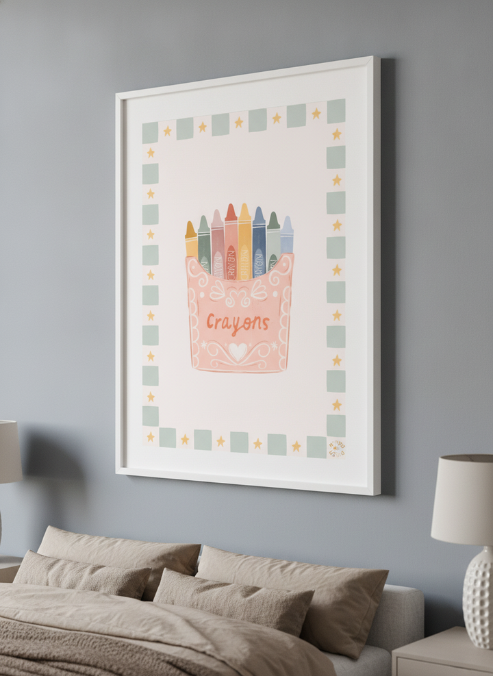 Minimalist artwork displayed in a calm, light-filled bedroom interior