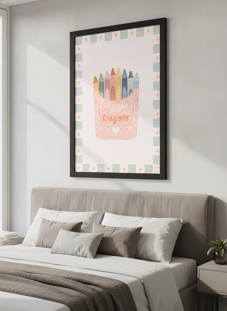 Minimalist artwork displayed in a calm, light-filled bedroom interior