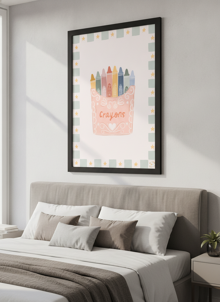 Minimalist artwork displayed in a calm, light-filled bedroom interior