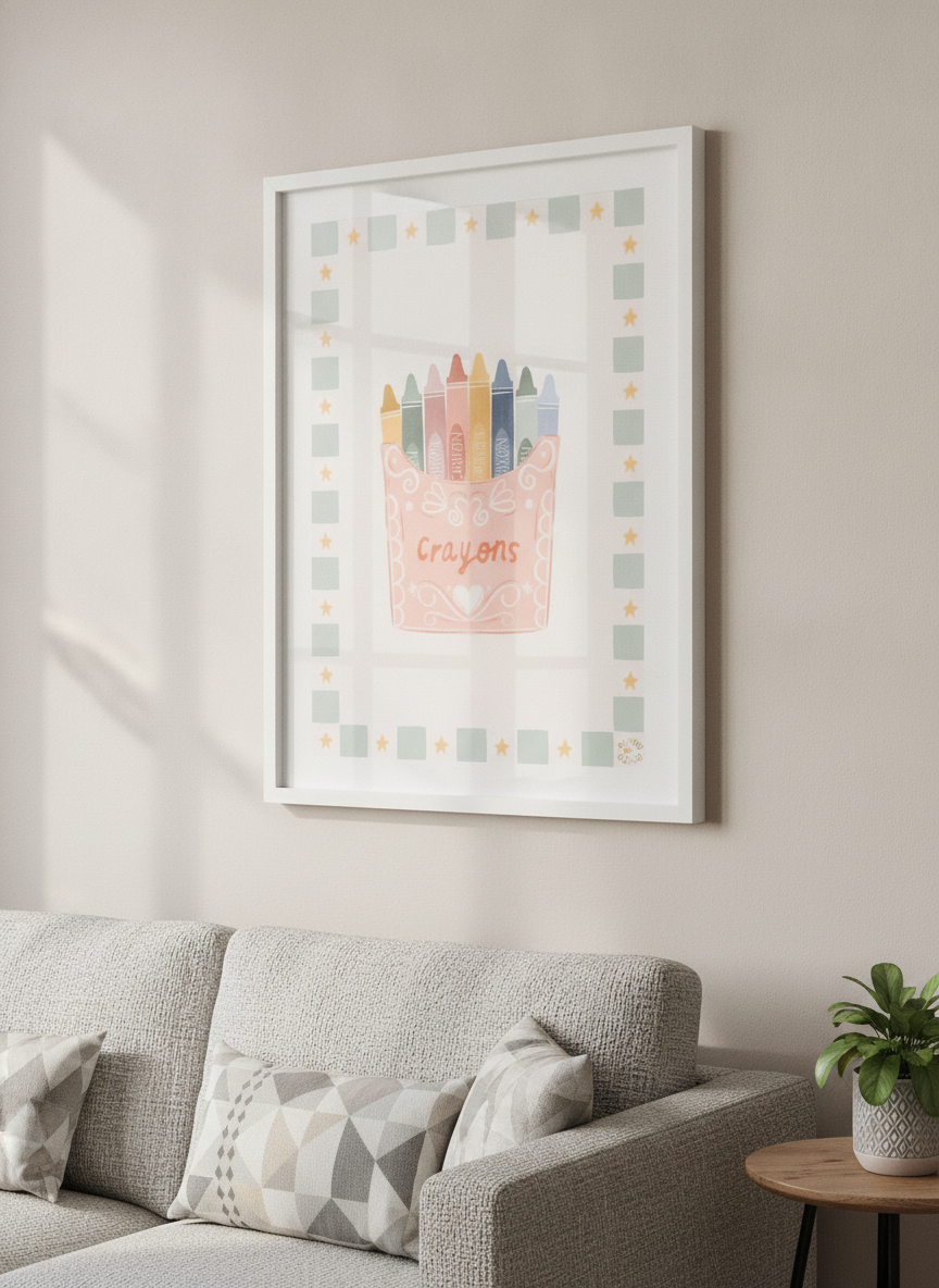 Modern wall art styled above a sofa in a neutral living room