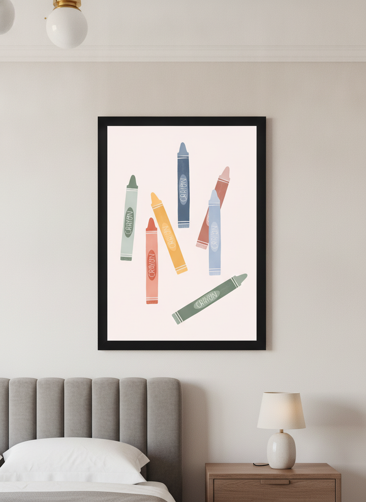 Minimalist artwork displayed in a calm, light-filled bedroom interior
