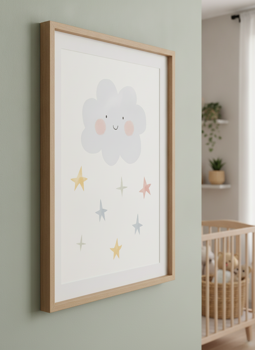 Soft neutral wall art styled in a serene nursery with pastel tones