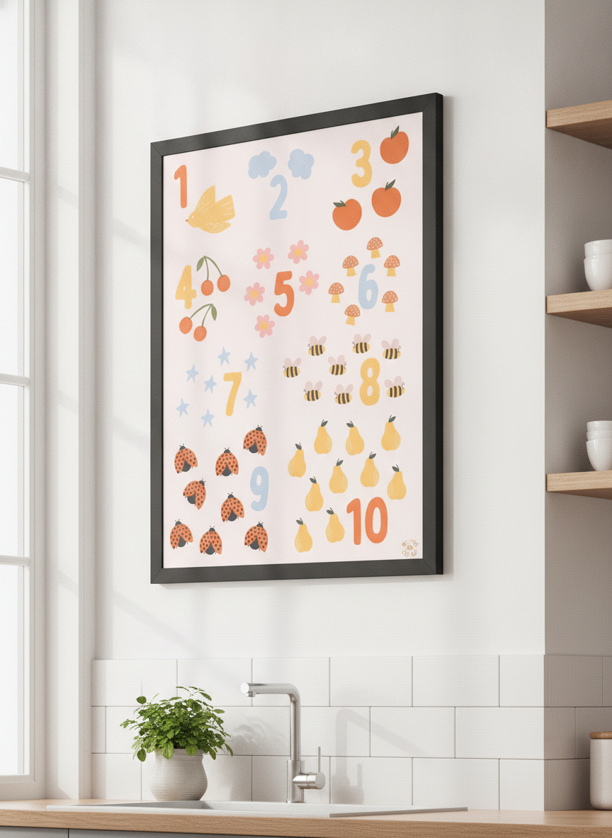 Artwork styled on the wall of a bright modern kitchen