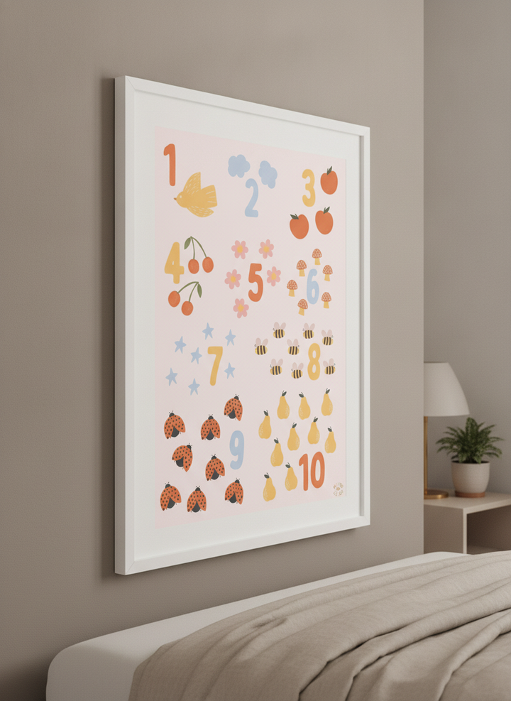 Minimalist artwork displayed in a calm, light-filled bedroom interior