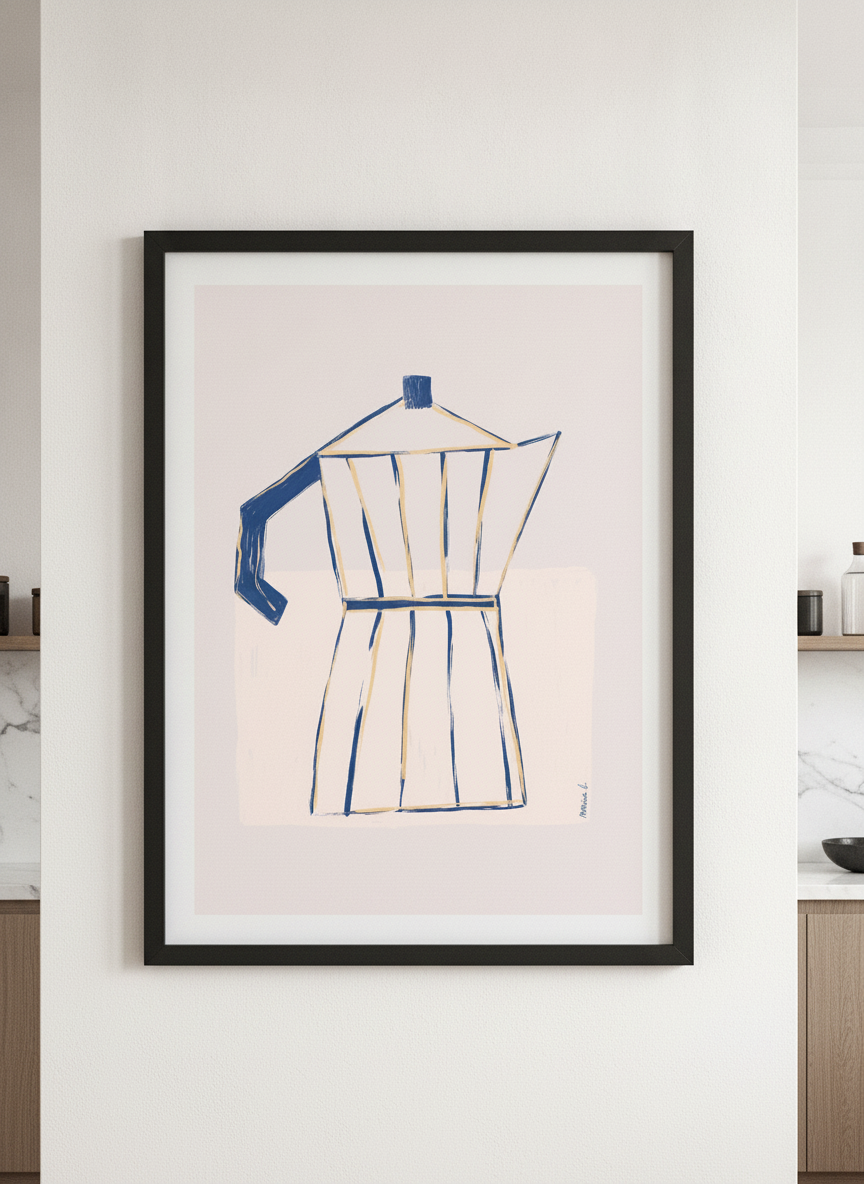 Artwork styled on the wall of a bright modern kitchen