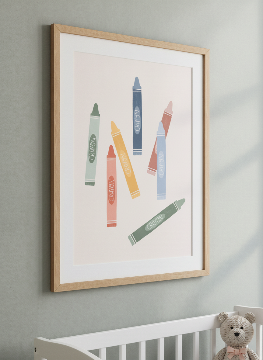 Soft neutral wall art styled in a serene nursery with pastel tones