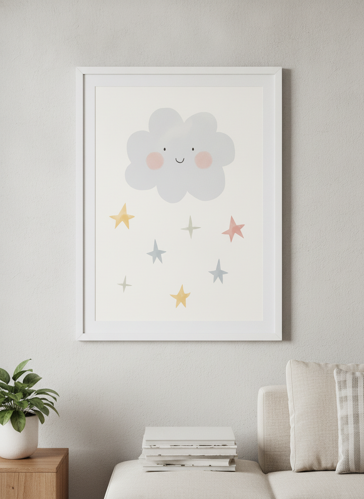 Modern wall art styled above a sofa in a neutral living room