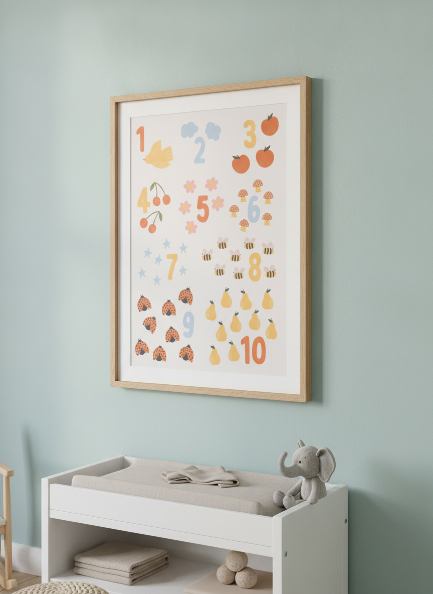 Soft neutral wall art styled in a serene nursery with pastel tones