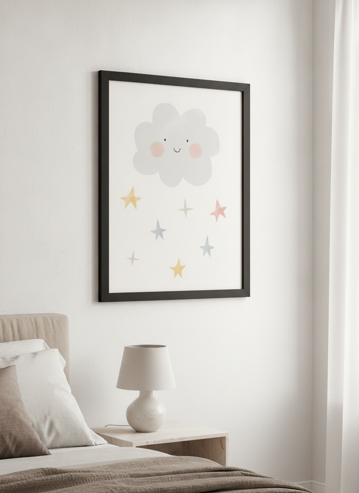 Minimalist artwork displayed in a calm, light-filled bedroom interior