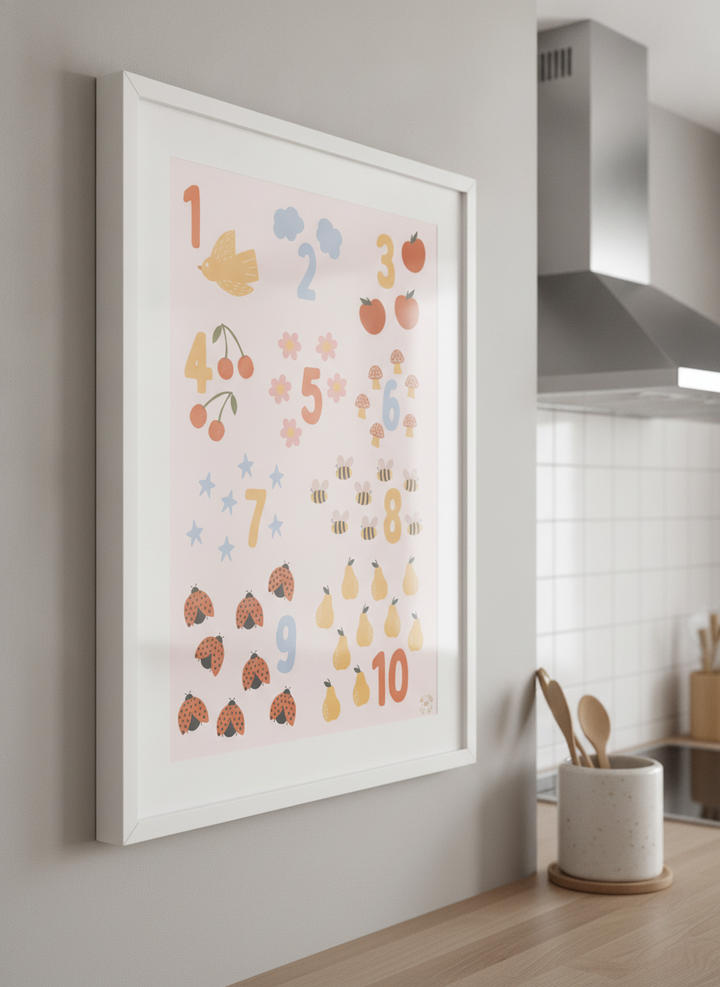 Artwork styled on the wall of a bright modern kitchen
