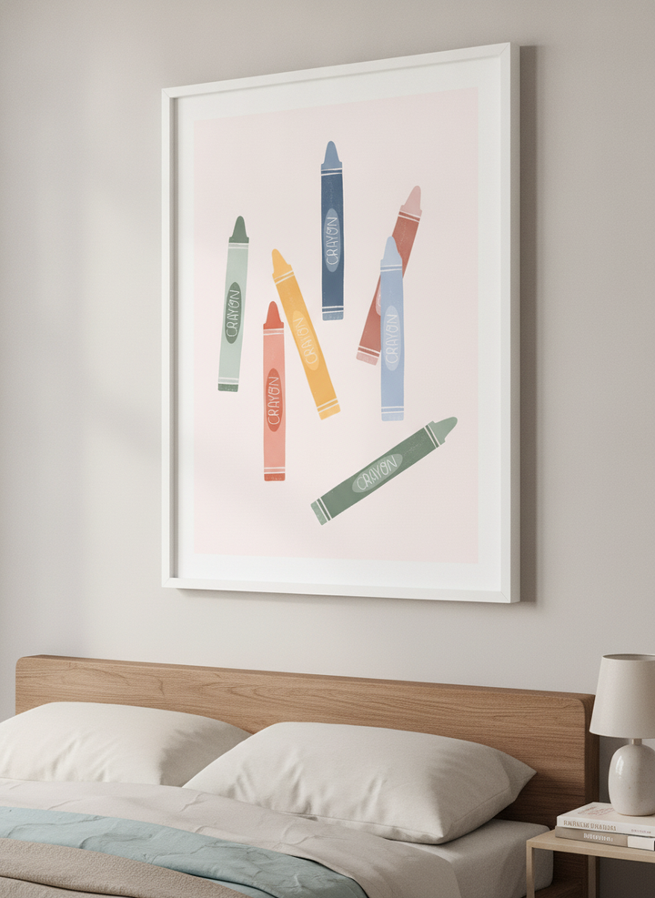 Minimalist artwork displayed in a calm, light-filled bedroom interior