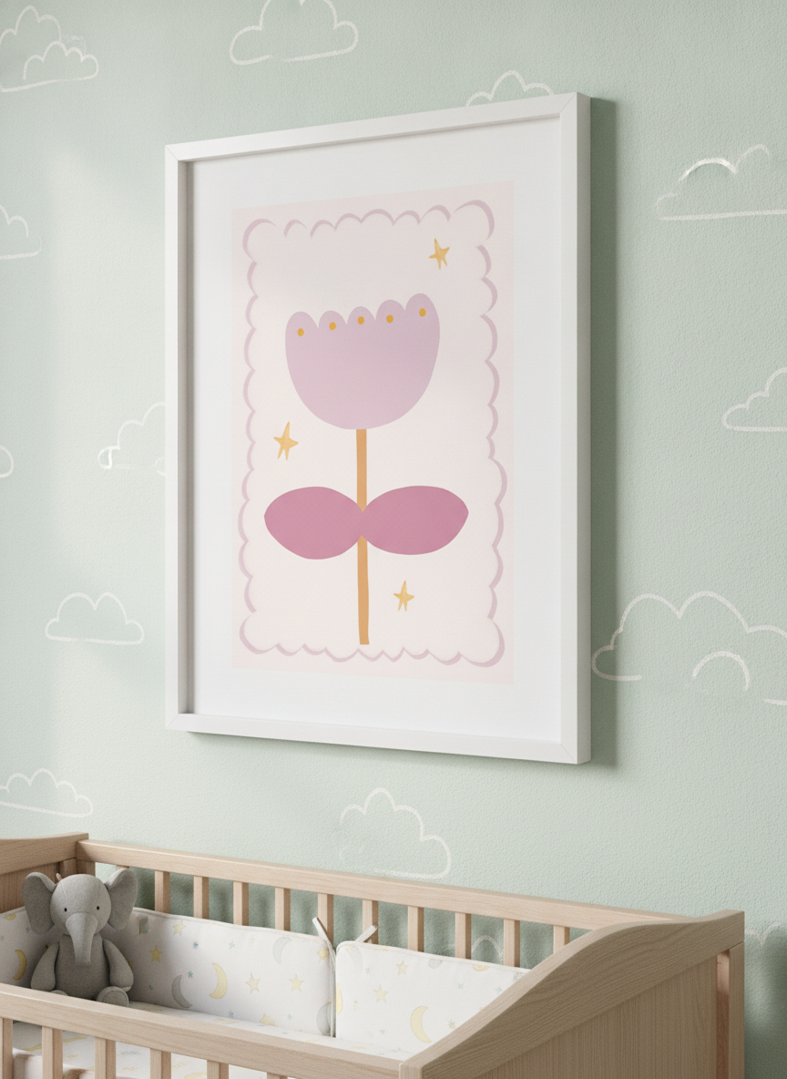 Soft neutral wall art styled in a serene nursery with pastel tones