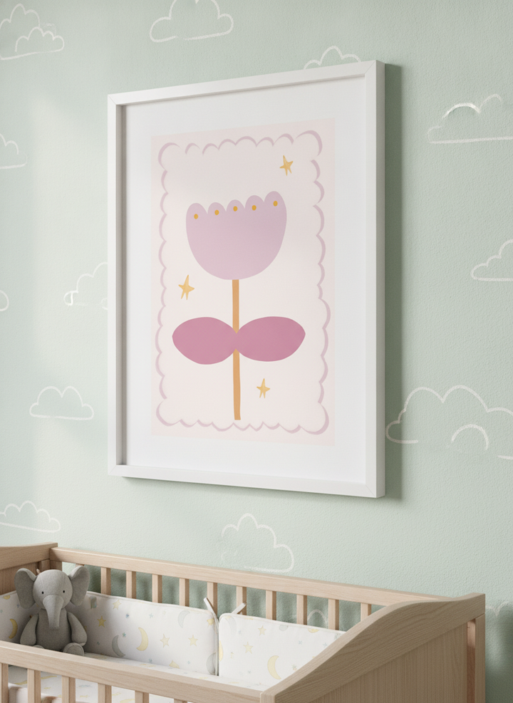 Soft neutral wall art styled in a serene nursery with pastel tones