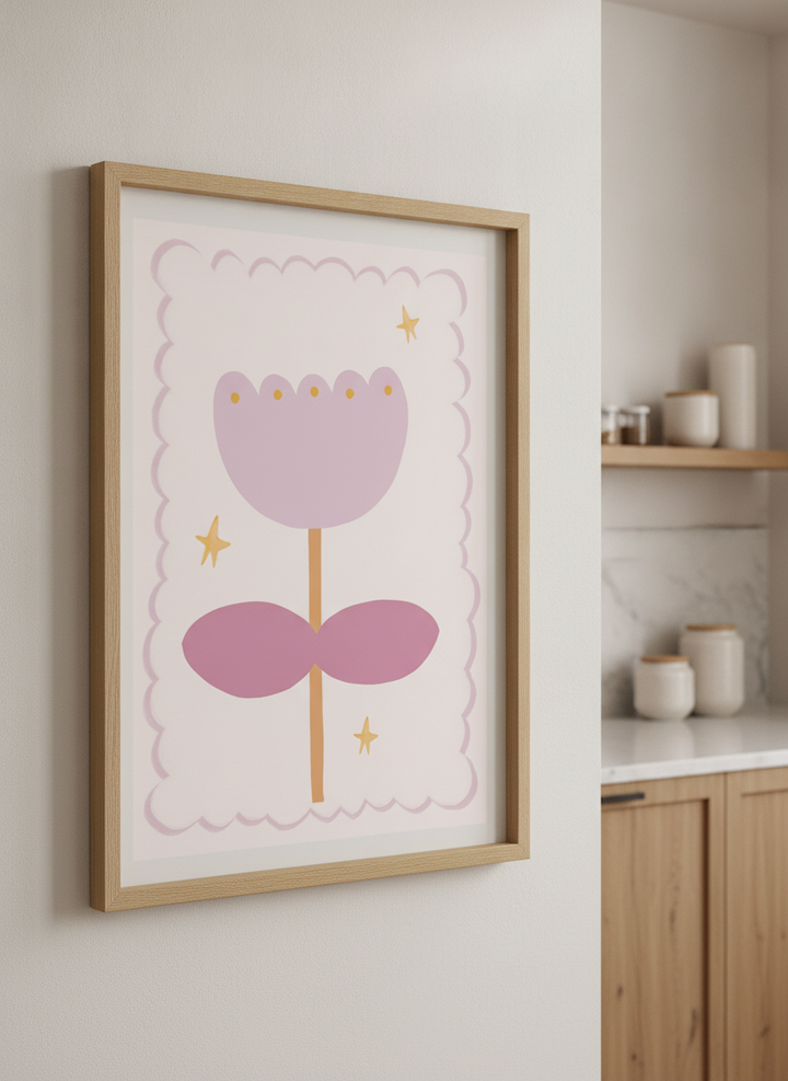 Artwork styled on the wall of a bright modern kitchen