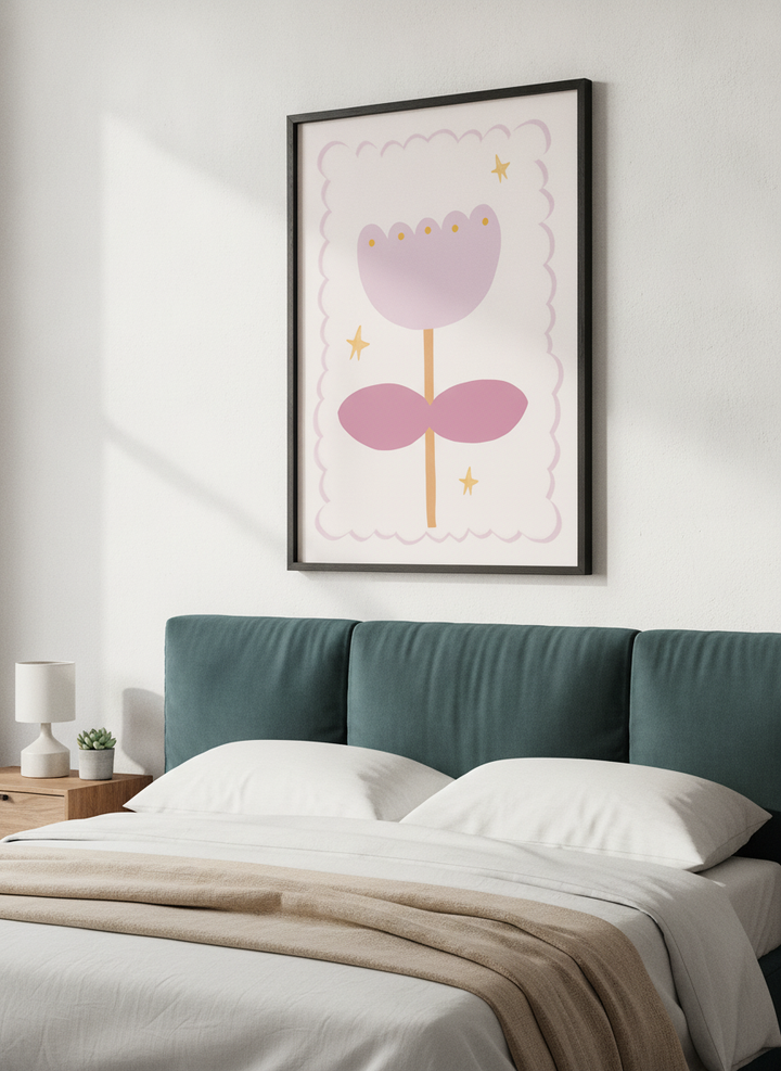 Minimalist artwork displayed in a calm, light-filled bedroom interior