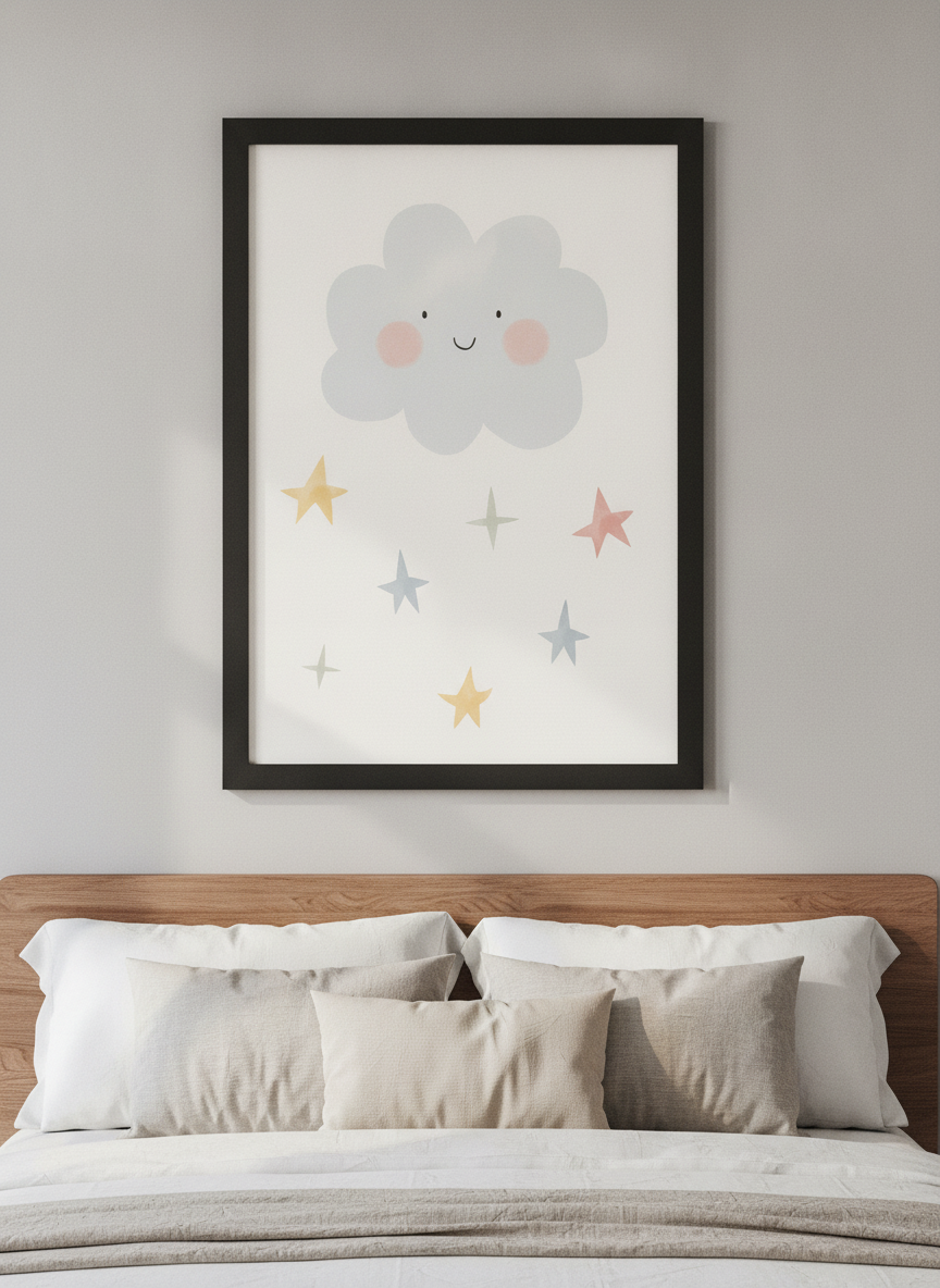 Minimalist artwork displayed in a calm, light-filled bedroom interior