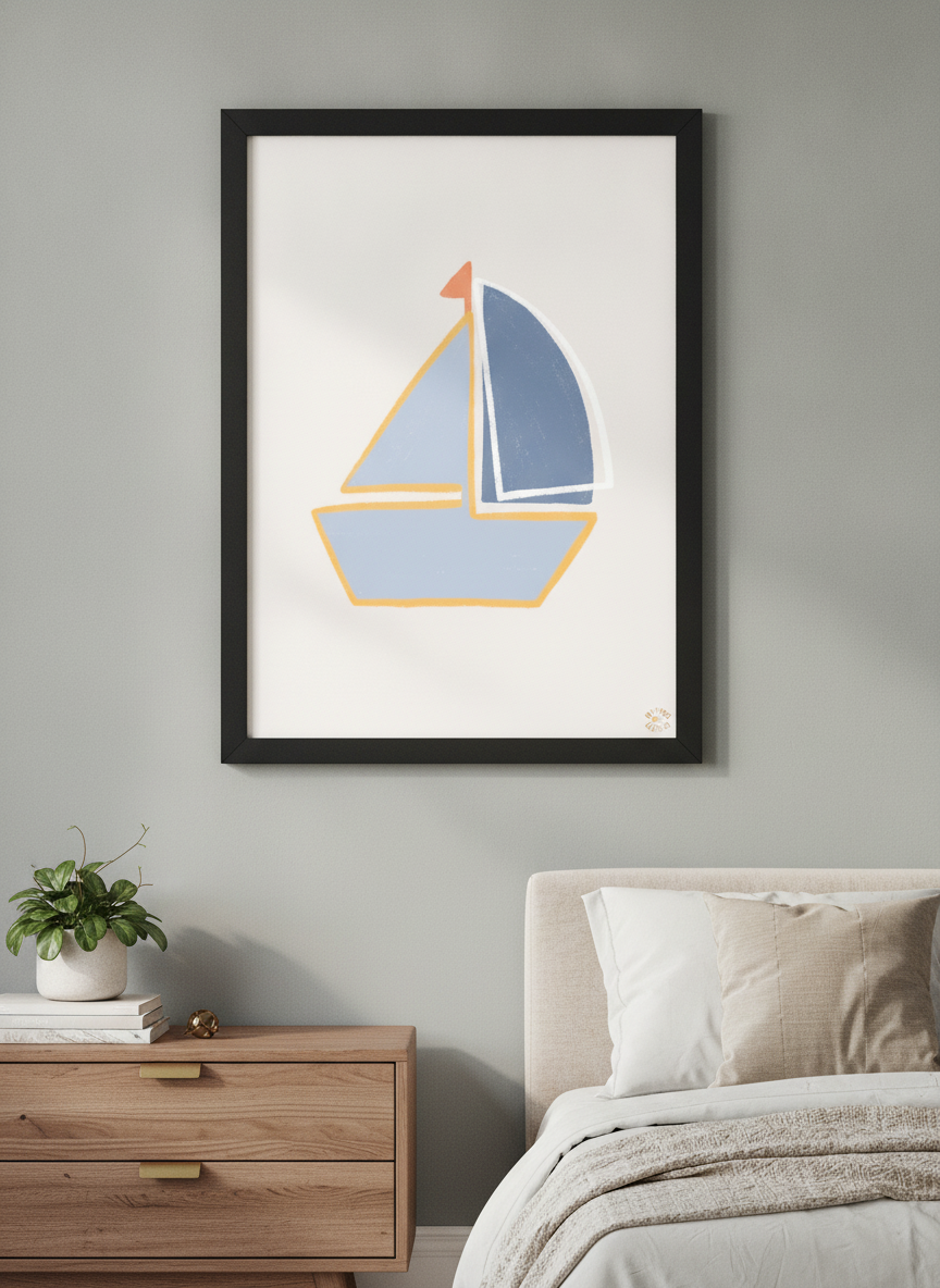 Minimalist artwork displayed in a calm, light-filled bedroom interior