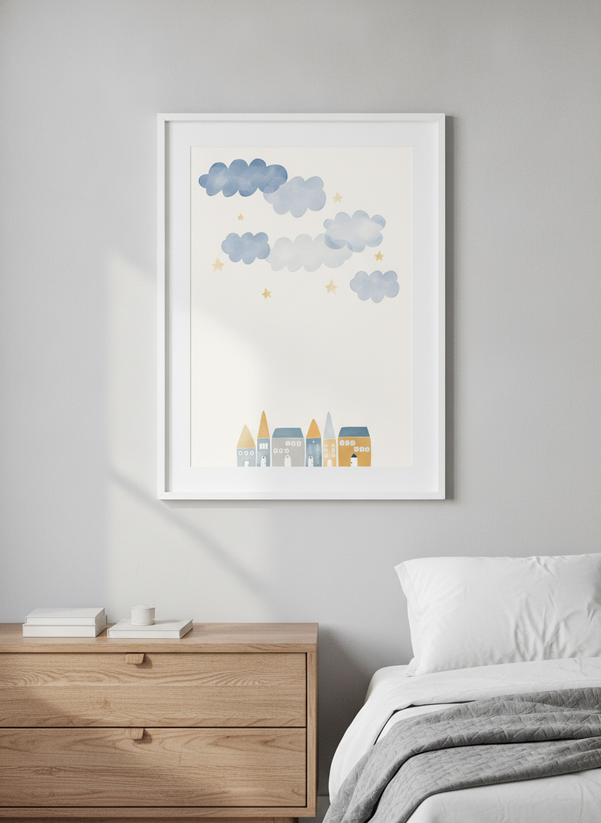 Minimalist artwork displayed in a calm, light-filled bedroom interior