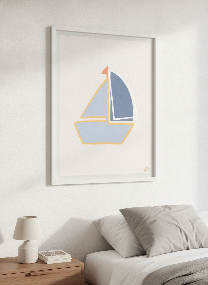 Minimalist artwork displayed in a calm, light-filled bedroom interior