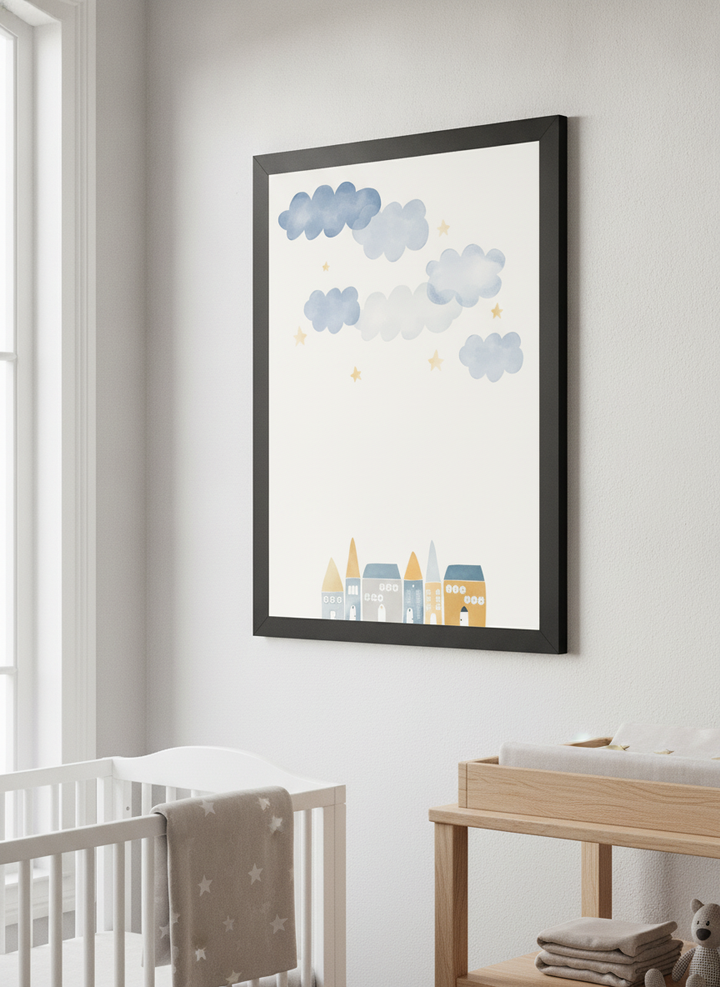 Soft neutral wall art styled in a serene nursery with pastel tones