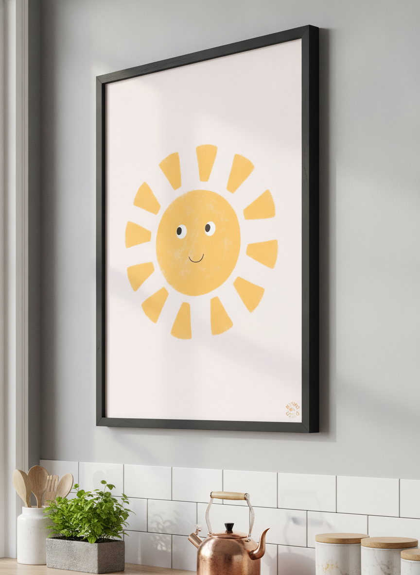 Artwork styled on the wall of a bright modern kitchen