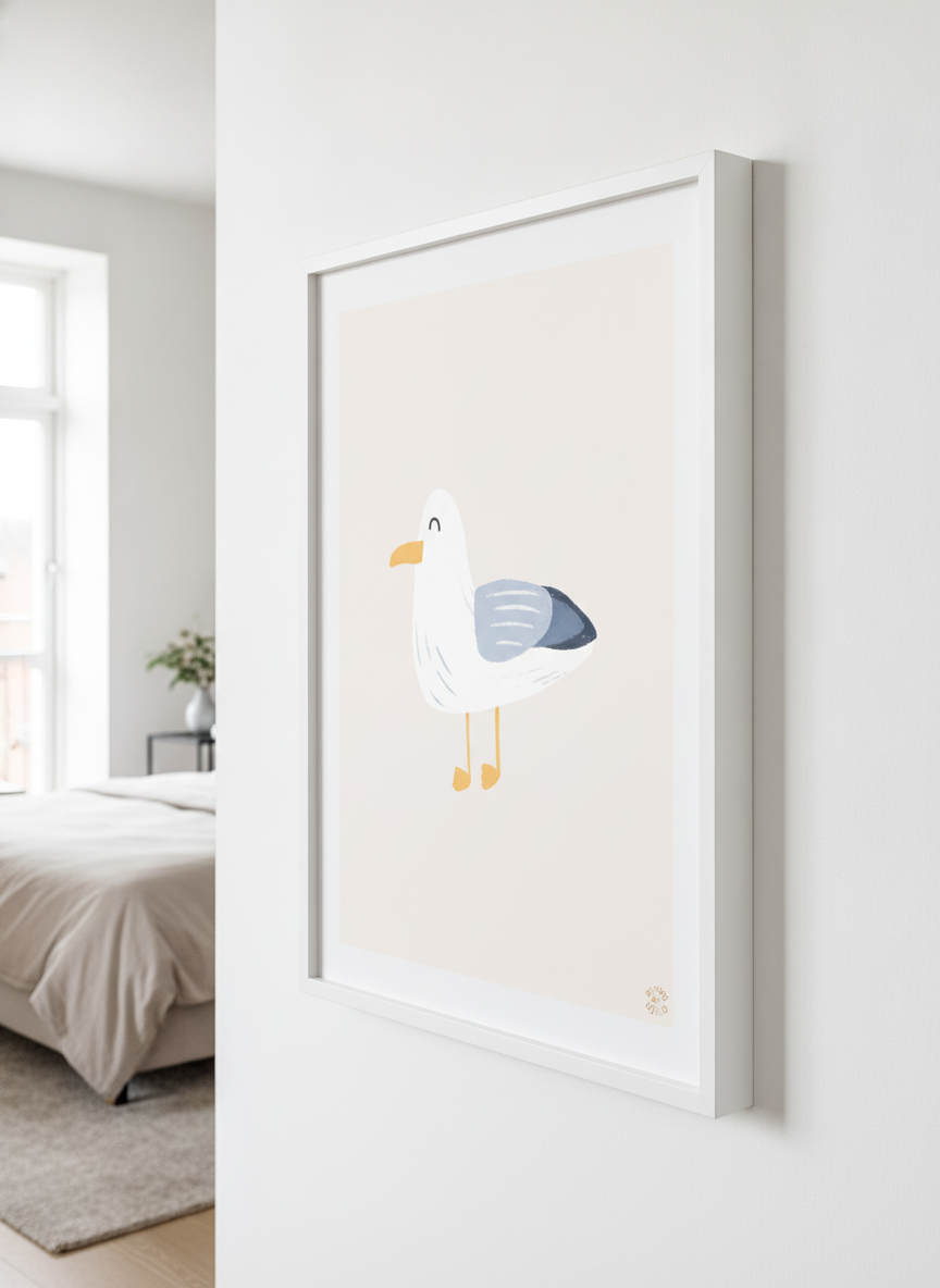 Minimalist artwork displayed in a calm, light-filled bedroom interior