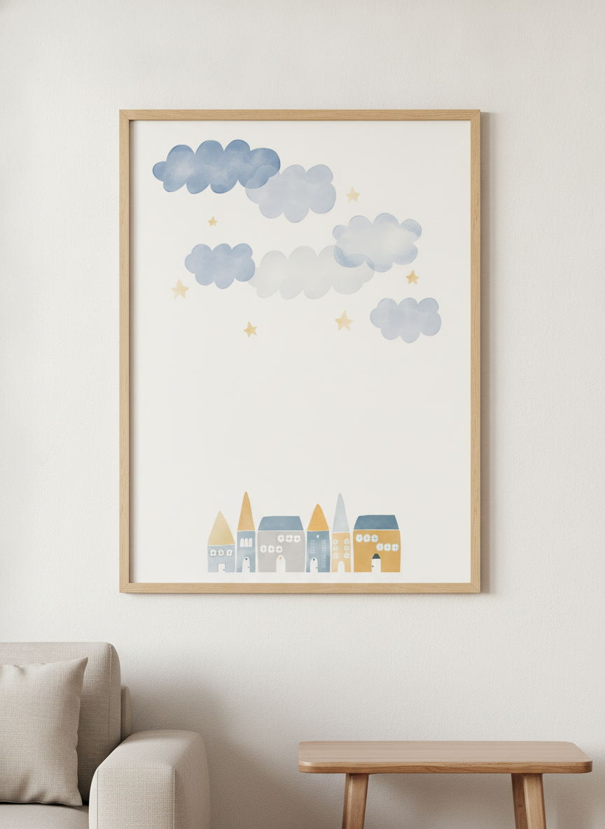 Modern wall art styled above a sofa in a neutral living room