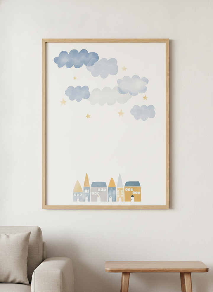 Modern wall art styled above a sofa in a neutral living room