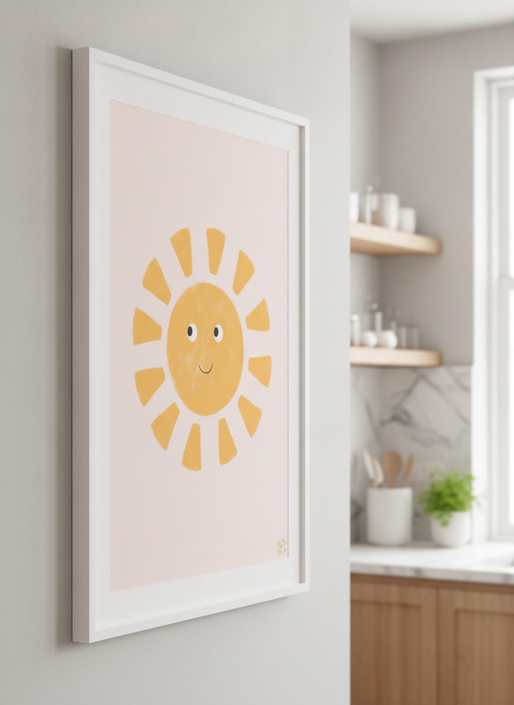 Artwork styled on the wall of a bright modern kitchen