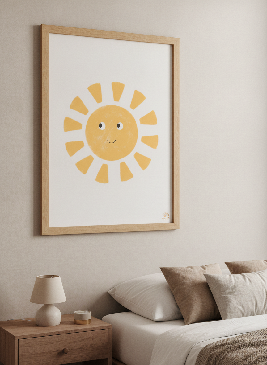 Minimalist artwork displayed in a calm, light-filled bedroom interior
