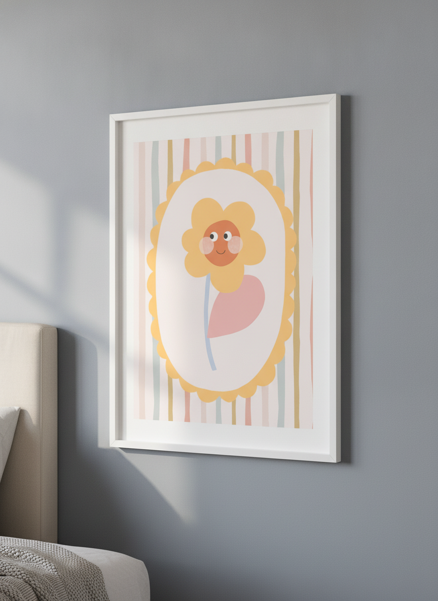 Minimalist artwork displayed in a calm, light-filled bedroom interior