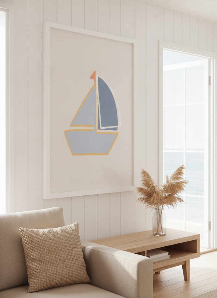 Neutral wall art displayed in a sunny coastal beach house
