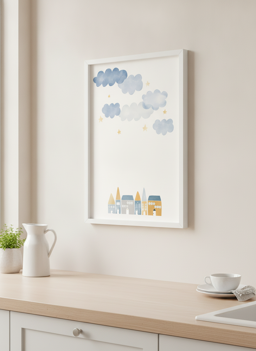 Artwork styled on the wall of a bright modern kitchen