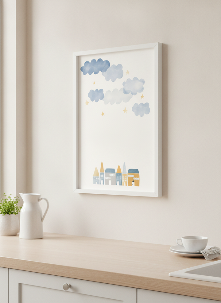Artwork styled on the wall of a bright modern kitchen