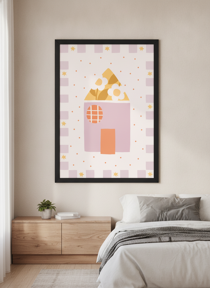 Minimalist artwork displayed in a calm, light-filled bedroom interior