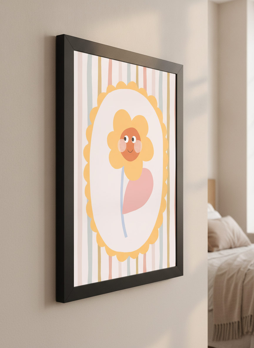 Minimalist artwork displayed in a calm, light-filled bedroom interior