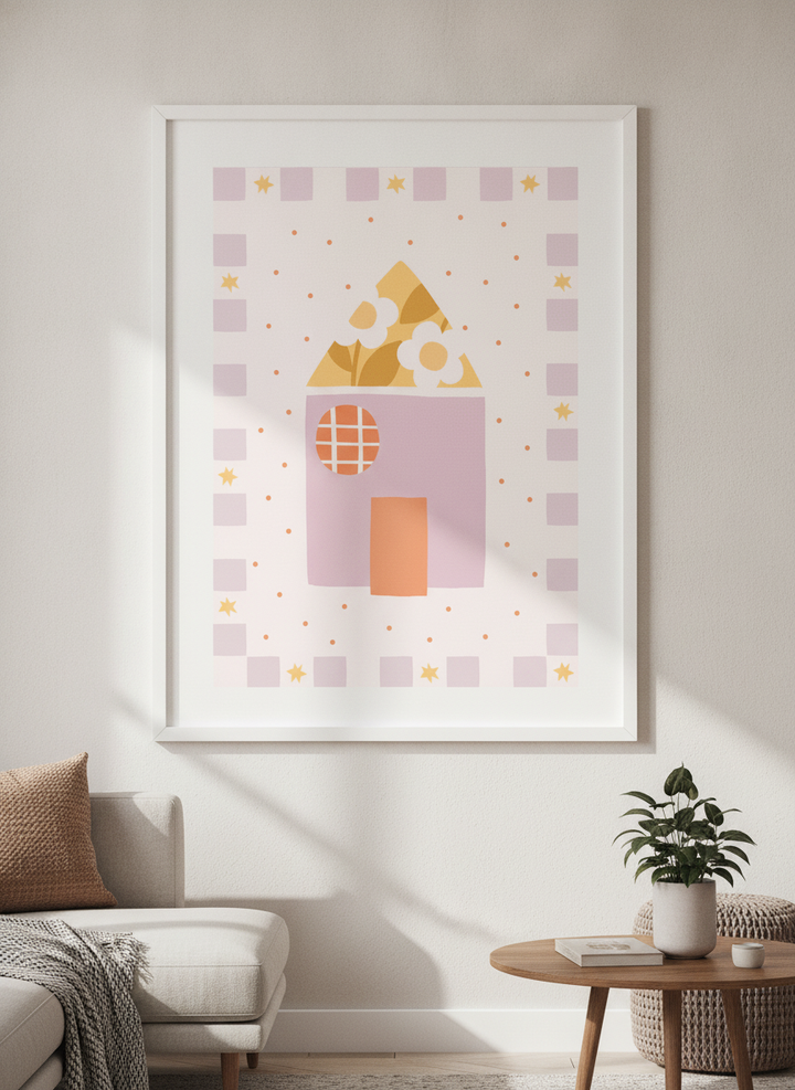 Modern wall art styled above a sofa in a neutral living room