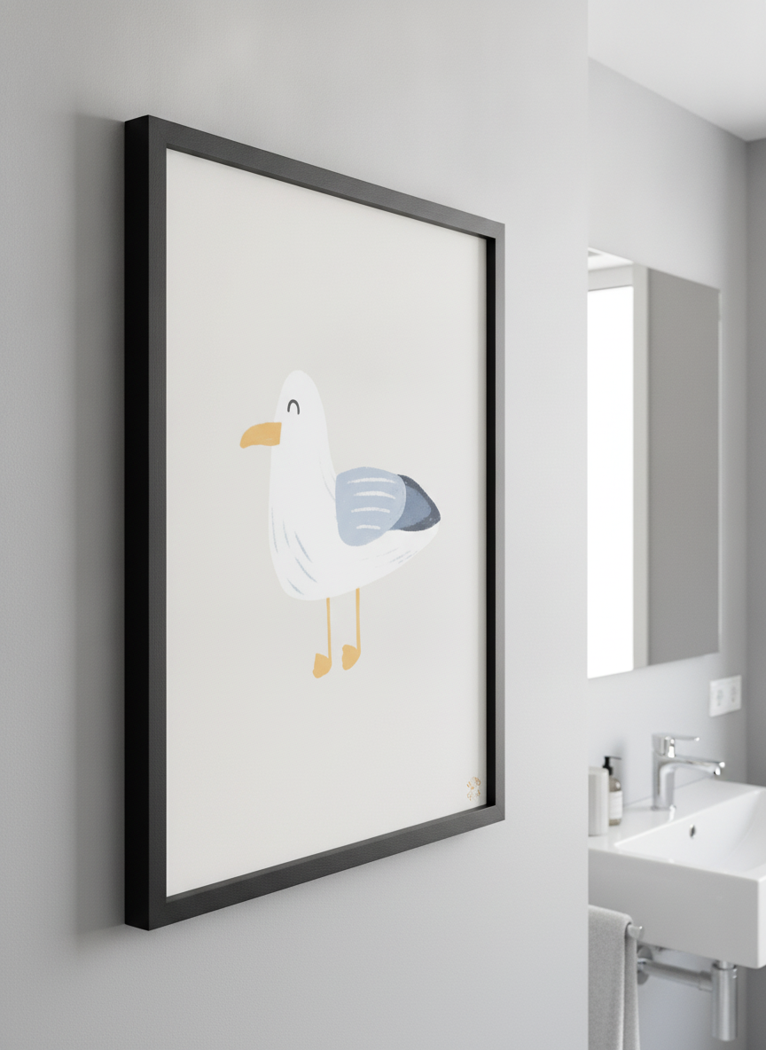 Modern print displayed in a clean minimalist bathroom setting